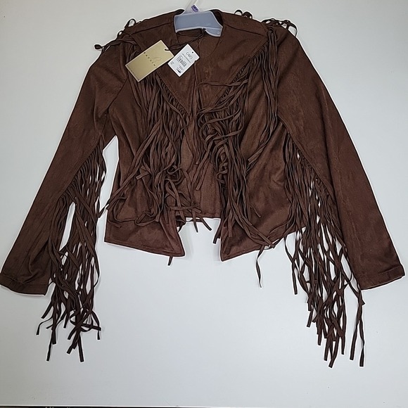 Baccini Jackets & Blazers - BACCINI XS Brown Open Front Suede-Like Fringed Western Light Top Casual Fun
